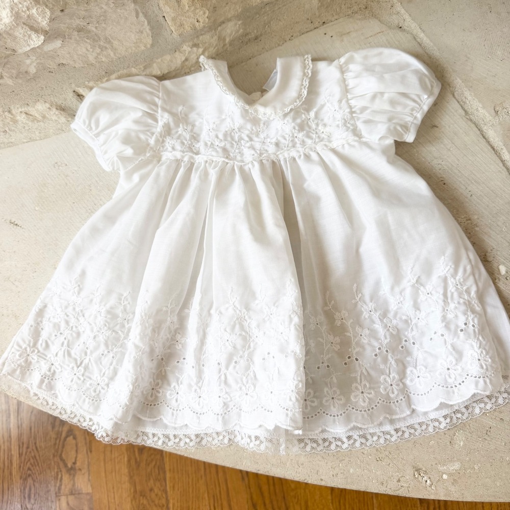 Madonna Original Vintage White Eyelet Lace Christening Dress Baby Girl 3-6 mo